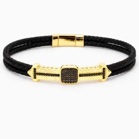 Double Arrow Pavé Plate Black Braided Men’s Bracelet in 925 Sterling Silver – Wholesale Collection