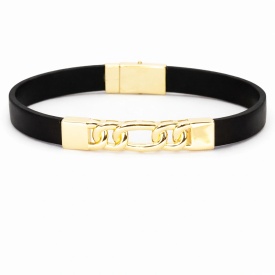 Gold Interlocking Link Plate Black Rubber Men’s Bracelet in 925 Sterling Silver – Wholesale Supply