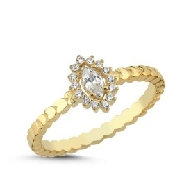 Gold Marquise CZ Halo Ring with Textured Band in 925 Sterling Silver