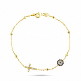 Gold Plated Cross Evil Eye Bracelet Sterling Silver Charm Design