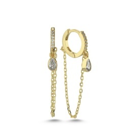 Gold-Plated Double Chain Huggie Earrings with Teardrop Zircon Charm