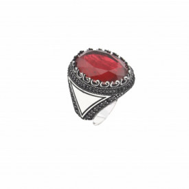 Men's Sterling Silver Ring with Red Gemstone and Triangle Accent