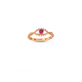 Rose gold evil eye ring with red stone centerpiece, featuring a minimalist and symbolic design.
