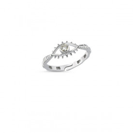 Sterling silver evil eye ring with cubic zirconia stone, featuring a symbolic and adjustable design.