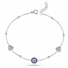 925 Sterling Silver Heart Evil Eye Charm Bracelet with CZ Stones
