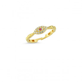 Gold evil eye ring with red stone centerpiece and white cubic zirconia accents, featuring a symbolic and elegant design.