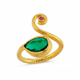 Gold-Plated Snake-Inspired Ring with Green and Red Gemstones