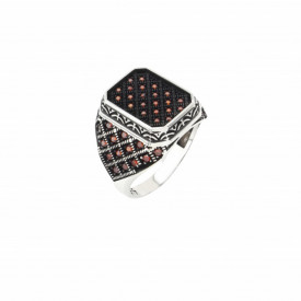 Men's Sterling Silver Ring with Square Red Stone Pattern