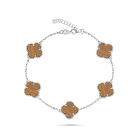 Natural Brown Stone Clover Chain Bracelet in 925 Sterling Silver – Wholesale Women’s Jewelry