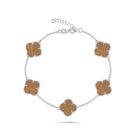 Natural Brown Stone Clover Chain Bracelet in 925 Sterling Silver – Wholesale Women’s Jewelry
