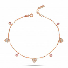 Rose Gold-Plated Anklet with Heart and Pink Crystal Charms