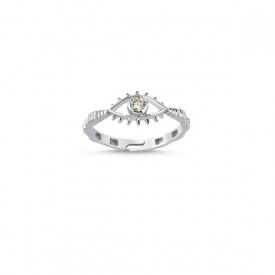 Sterling silver evil eye ring with cubic zirconia stone, featuring a symbolic and adjustable design.