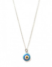 Turquoise evil eye necklace featuring a handmade glass bead pendant on a 925 sterling silver chain. Symbolic and elegant jewelry piece.