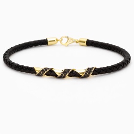 Wholesale 925 Sterling Silver Black Braided Bracelet with Gold Twist Design