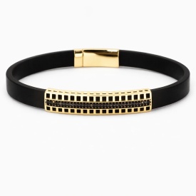 Wholesale 925 Sterling Silver Gold Curved Stone Bar Black Rubber Men’s Bracelet – B2B Turkish Supplier