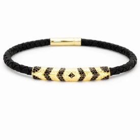 Wholesale 925 Sterling Silver Gold Textured Cylinder Black Braided Men’s Bracelet – Turkish Jewelry Manufacturer