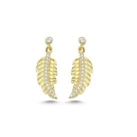 925 Sterling Silver Leaf Drop Earrings Gold Plated with CZ Accents
