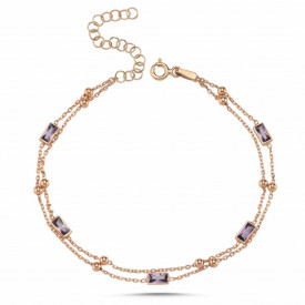 925 Sterling Silver Rose Gold Double Chain Bracelet Purple Stones