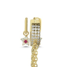 Gold-Plated Flower and Chain Drop Huggie Earrings with Opal and Zircon