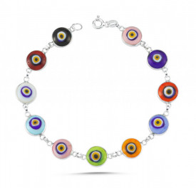 Multicolor Beaded Evil Eye Bracelet Sterling Silver Turkish Charm