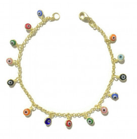 Gold-plated multicolor evil eye charm bracelet with 925 sterling silver, featuring vibrant protective beads.