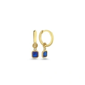 925 Sterling Silver Blue Square Stone Charm Huggie Earrings Gold Plated