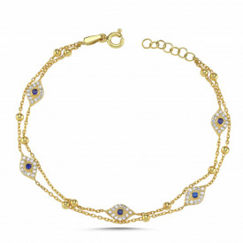 925 Sterling Silver Gold Evil Eye Charm Double Chain Bracelet