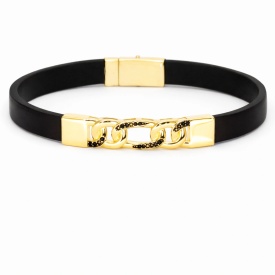 Gold Chain Motif with Black Pavé Detail Men’s Bracelet – Turkish Wholesale 925 Sterling Silver Collection