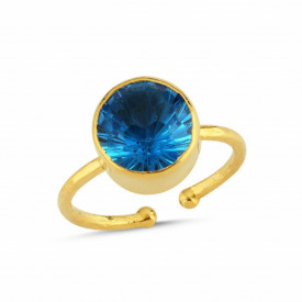 Gold-Plated Adjustable Ring with Round Blue Crystal Gemstone