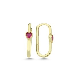 Gold-Plated Link Hoop Earrings with Red Heart-Shaped Stone Accent