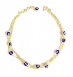 Gold-plated multi-layer bracelet with blue evil eye charms on delicate chains, combining elegance and symbolic protection.