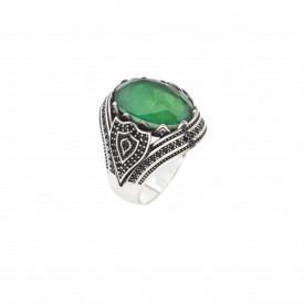 Men's Sterling Silver Ring with Green Gemstone Intricate Pattern