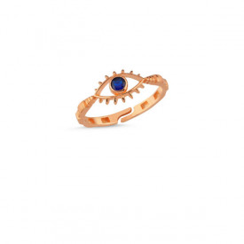 Rose gold evil eye ring with blue stone centerpiece, featuring an adjustable and symbolic design.