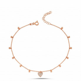 Rose Gold-Plated Anklet with Heart Charm and Beaded Accents