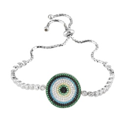 Silver Adjustable Bracelet Round Multicolor CZ Evil Eye Design