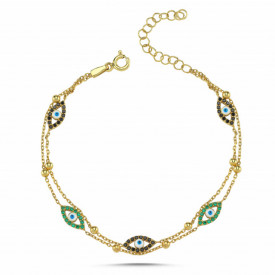 Silver Gold Double Chain Bracelet Multicolored Evil Eye Charms