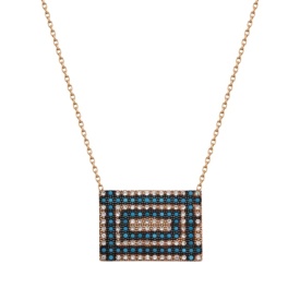 Silver Rectangular Pendant Necklace Turquoise and White Zircon