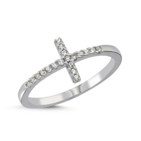 Sterling Silver CZ Cross Ring with Rhodium Plating