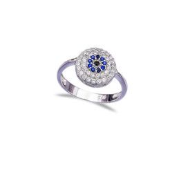 Sterling Silver Round Evil Eye Ring with Blue and Clear CZ Stones