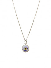 Turkish white evil eye bead necklace on a sterling silver chain, featuring a handcrafted symbolic design.