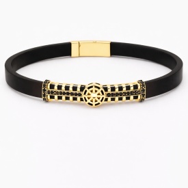 Wholesale 925 Sterling Silver Gold Nautical Wheel Detail Black Men’s Bracelet – Bulk Turkish Jewelry Collectio