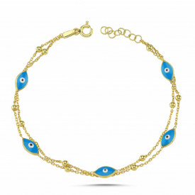 925 Silver Gold Double Chain Bracelet with Blue Evil Eye Charms