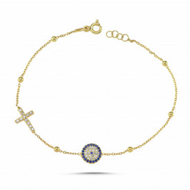 925 Sterling Silver Gold Cross and Evil Eye Charm Bracelet