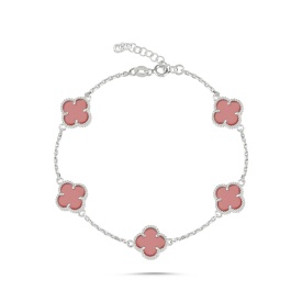 925 Sterling Silver Link Bracelet Featuring Coral Pink Clover Motifs – Wholesale Jewelry