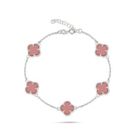 925 Sterling Silver Link Bracelet Featuring Coral Pink Clover Motifs – Wholesale Jewelry