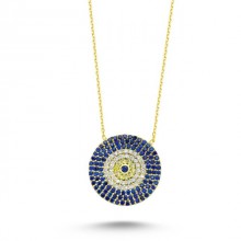 Blue Evil Eye Necklace White Gold Accents Handmade Silver Pendant