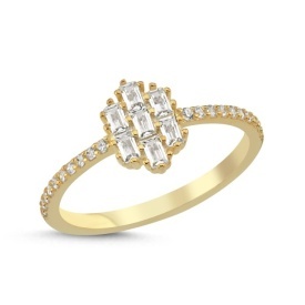Gold Cluster Ring with Baguette CZ on 925 Sterling Silver Band