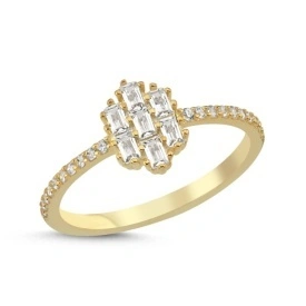Gold Cluster Ring with Baguette CZ on 925 Sterling Silver Band