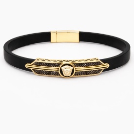Gold Panther Emblem Pavé Bar Black Rubber Men’s Bracelet – Wholesale 925 Sterling Silver Turkish Export