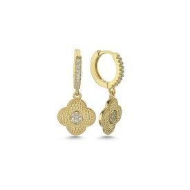 Gold-Plated Clover Drop Earrings with Textured Finish and Zircon Center